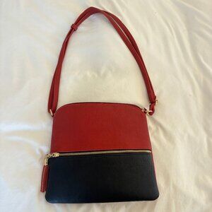 Color Block Red and Black Crossbody Bag with Gold Zipper